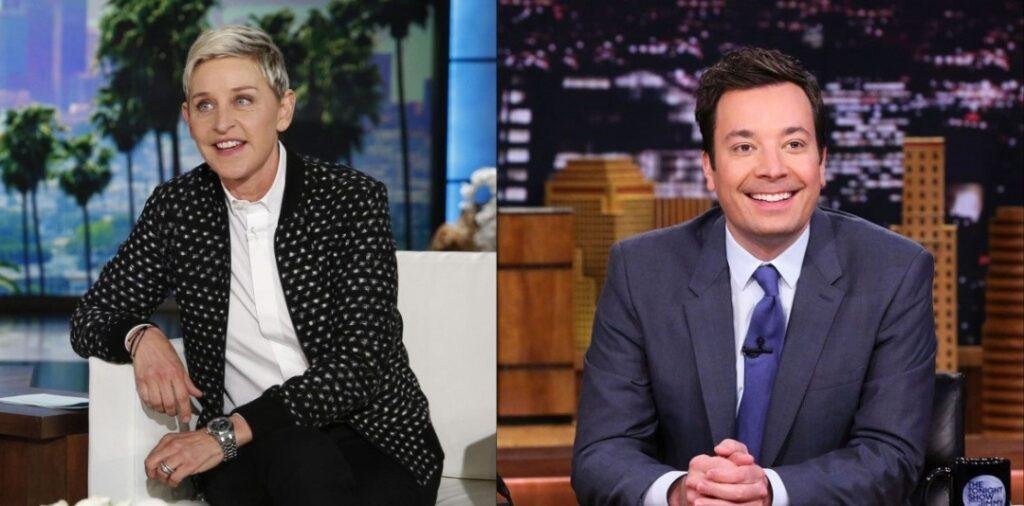 Uma foto da Ellen DeGeneres à esquerda e uma do Jimmy Fallon à direita.