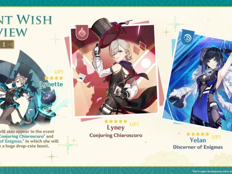 Banner de personagens de Genshin Impact da versão 4.0, Liney, Yelan e Lynette. 