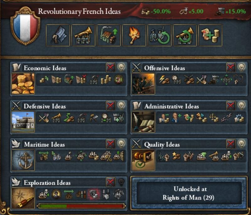 print do gameplay de Europa Universalis IV que mostra as ideias e políticas do seu país de acordo com o contexto.
