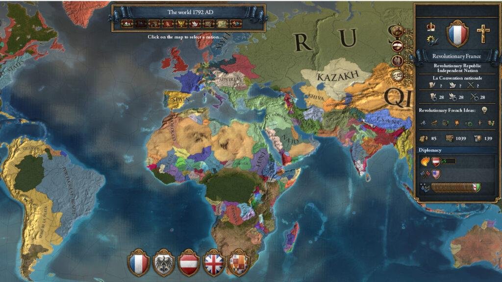 print do gameplay de Europa Universalis IV que mostra o mapa mundial no começo do jogo.