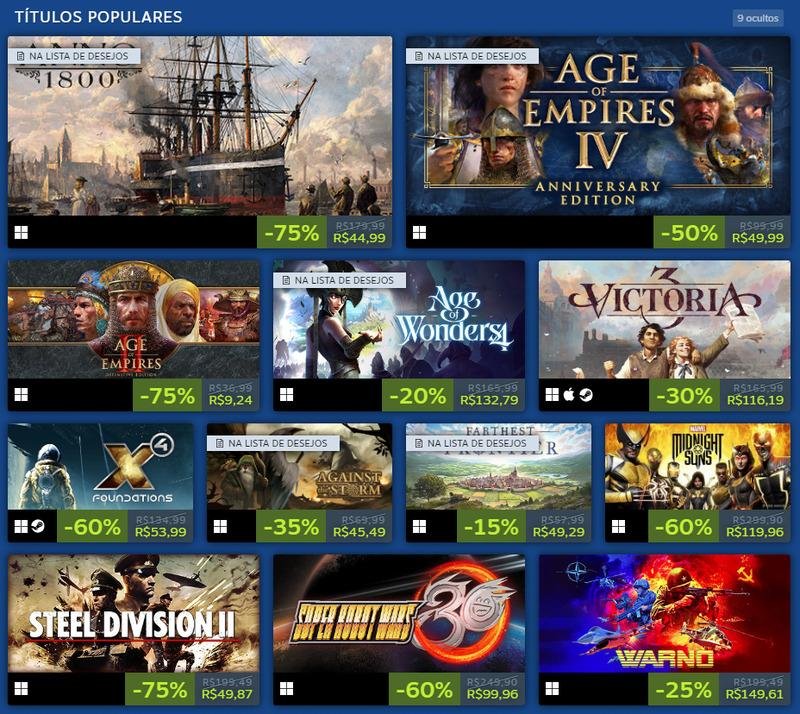 títulos populares com desconto na promoção de jogos estratégicos da Steam