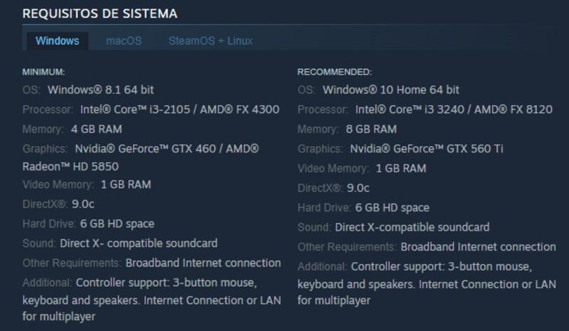 print de requisitos do sistema na loja da Steam
