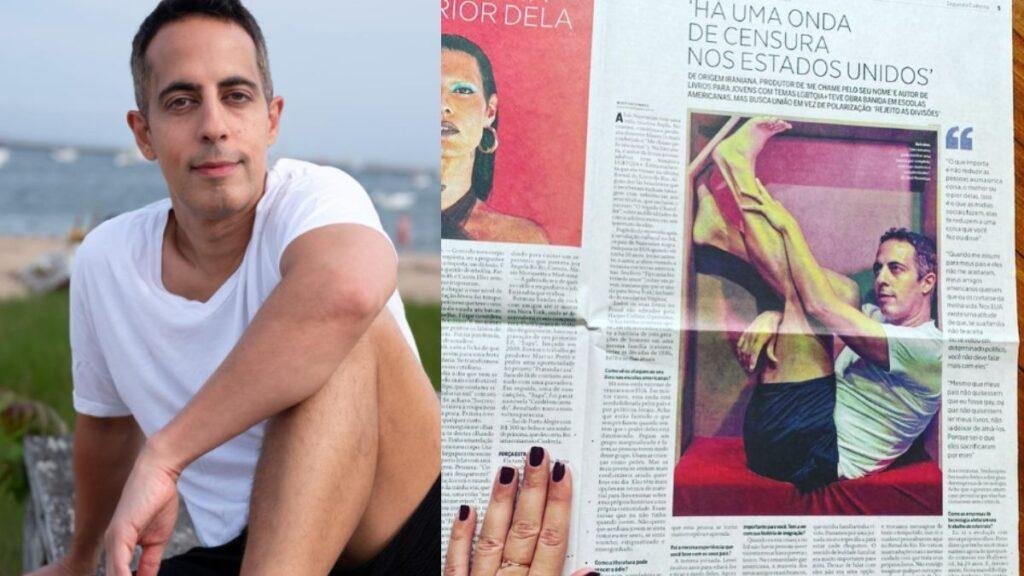 Abdi Nazemian e um recorte de jornal que fala sobre a censura de um dos seus livros. A luz brilha somente agora