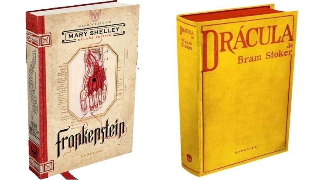 Capas dos livros Frankenstein e Drácula, darkside