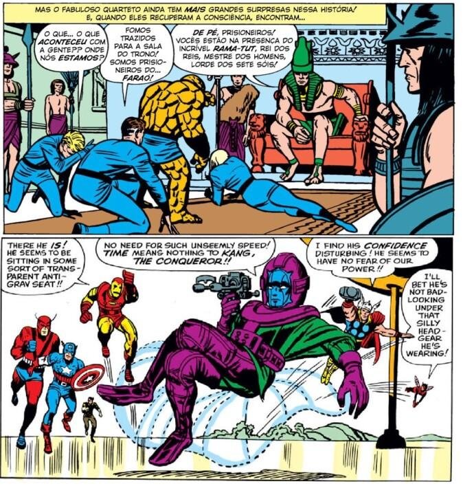 Imagem mostrando Kang escravizando o quarteto fantástico.
