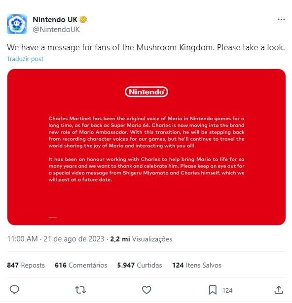 Super Mario terá um novo dublador de acordo com Nintendo