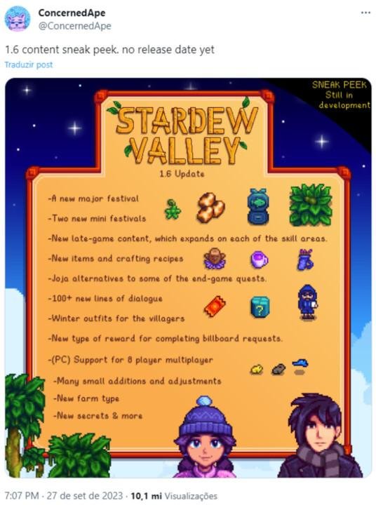 print do twitter do criador do Stardew Valley falando da atualização 1.6