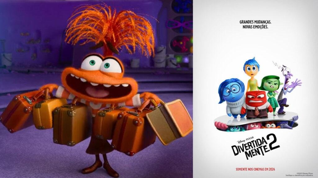 À esquerda, personagem Ansiedade, de cor laranja, segura diversas malas e sorri. À direita, novo pôster do filme Divertidamente 2.