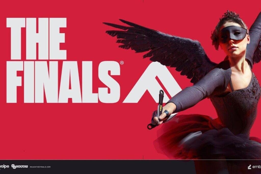 Banner de The Finals, com fundo vermelho e personagem com asas e roupas pretas, além de "The Finals" em branco