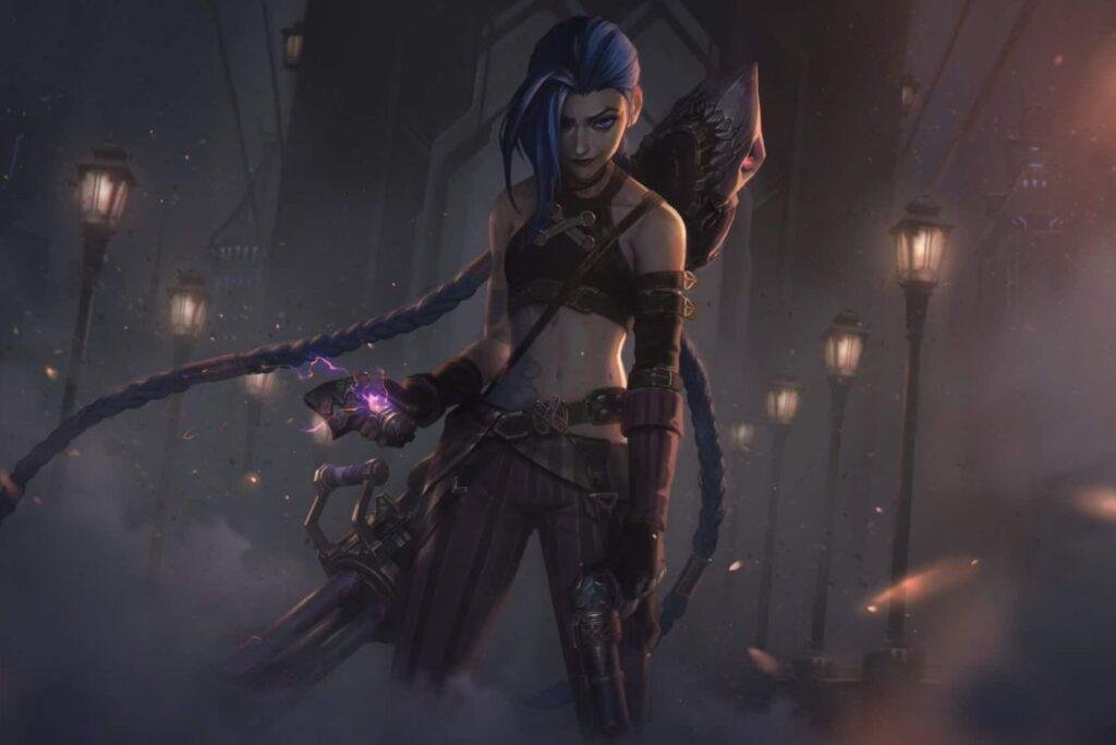 Jinx em cenário escuro, cena de Arcane.