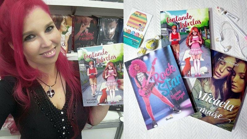 Luciane Rangel e suas obras. Entre elas, está "Contando Estrelas" um romance de origamis