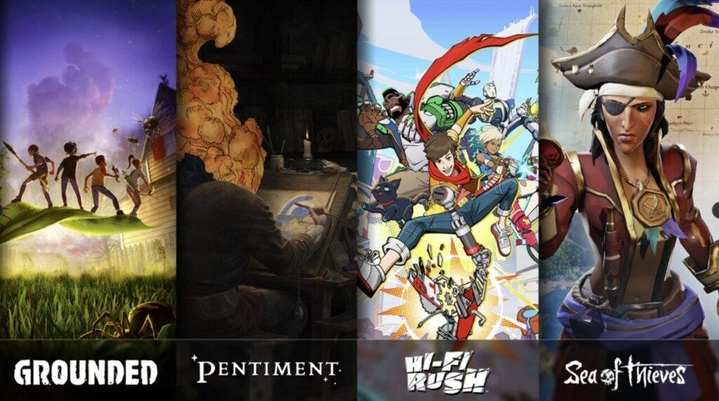 Capas dos jogos 'Grounded', 'Pentiment', 'Hi-Fi Rush' e 'Sea of Thieves' da Xbox Game Studios.