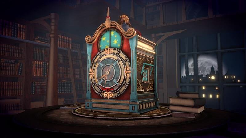 Relógio ornamentado em estilo vitoriano em uma biblioteca dentro do jogo.