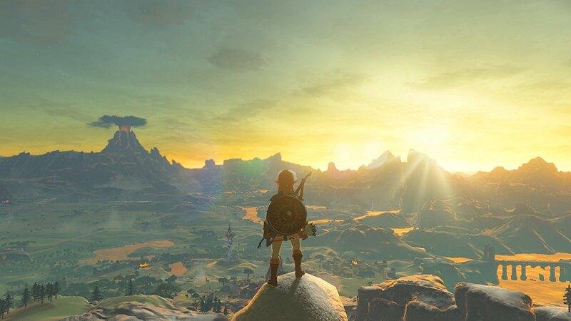 Vista panorâmica de uma paisagem ao pôr do sol (The Legend of Zelda).