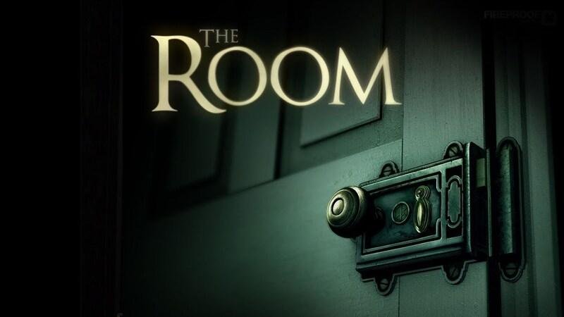 Logotipo do jogo 'The Room' em texto dourado sobreposto a uma porta escura com um olho mágico iluminado.