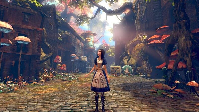 Alice em um cenário vívido do País das Maravilhas, cercada por cogumelos gigantes e plantas fantásticas.