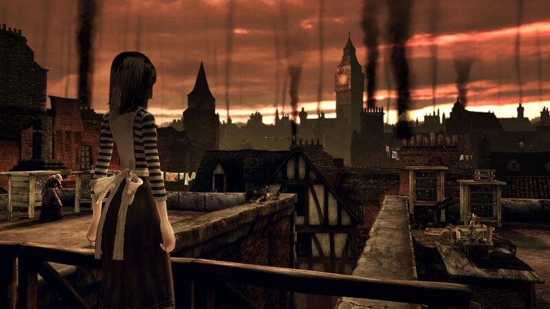 Alice contempla uma Londres vitoriana obscura do alto de um telhado, com o Big Ben ao fundo.