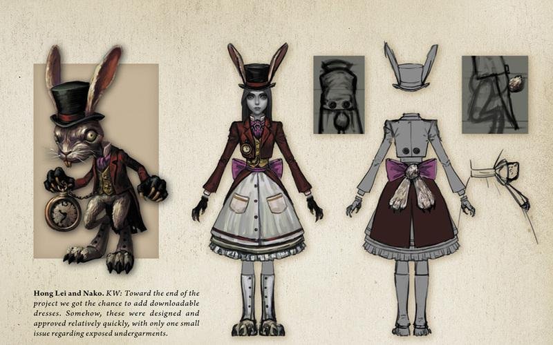 Desenhos de conceito do Coelho Branco e de Alice vestida com trajes temáticos de coelho em "Alice: Madness Returns".