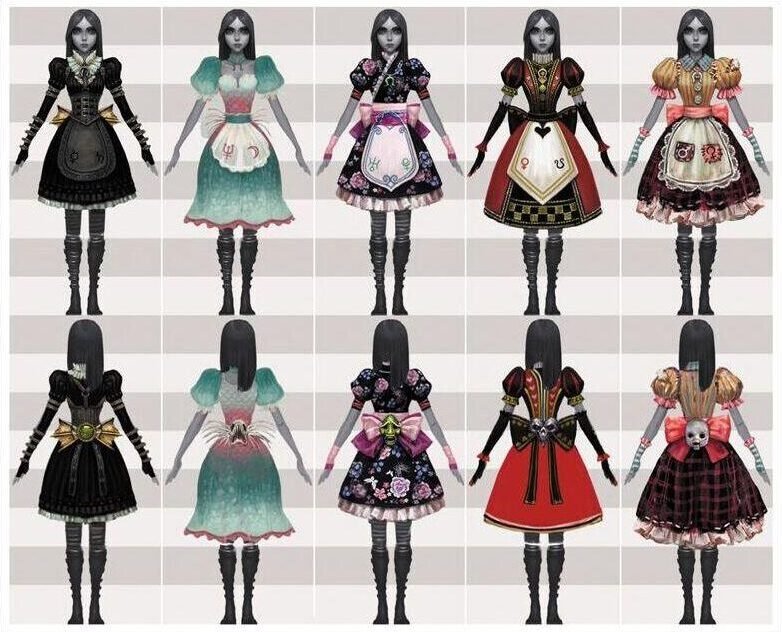 Alice em uma variedade de vestidos temáticos, cada um representando um elemento diferente do País das Maravilhas, com visões frontal e traseira.