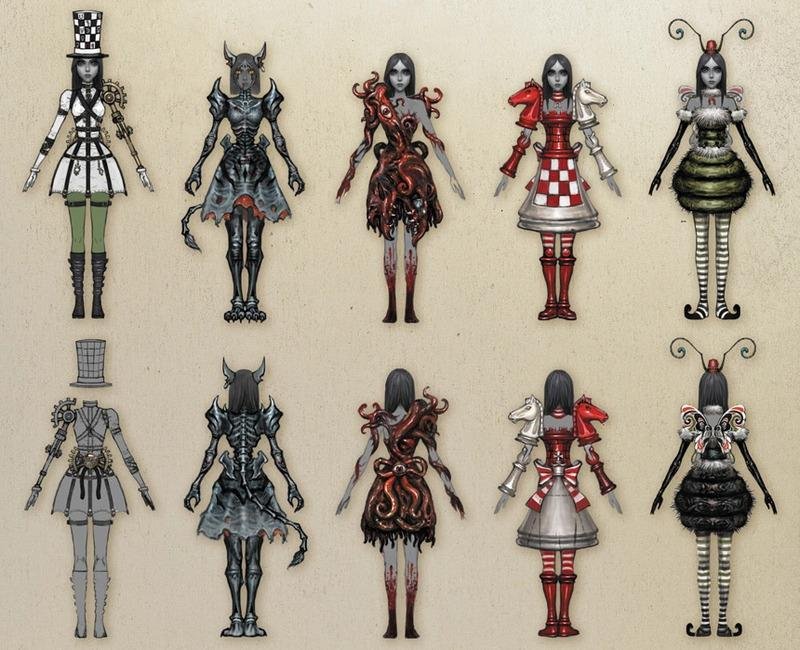 Coleção de oito designs de figurinos de Alice, exibindo variedade estilística e detalhes temáticos frente e verso.