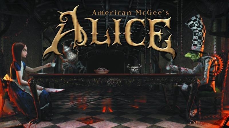 Capa de "American McGee's Alice" com Alice em uma sombria mesa de chá com o Chapeleiro Maluco e uma armadura.