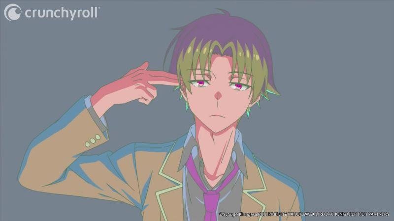 Na imagem podemos ver Ayanokoji, do anime Classroom of the Elite. Ele faz um sinal de arma com a mão, apontando para a própria cabeça.