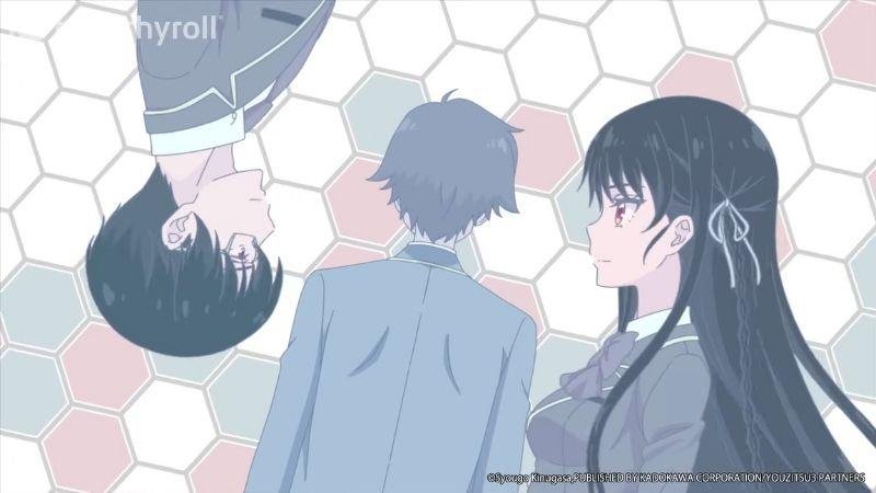 Na imagem podemos ver os irmãos Manabu e Suzune, do anime Classroom of the Elite, se encarando com um sorriso no rosto, enquanto Ayanokoji está de costas ao fundo.