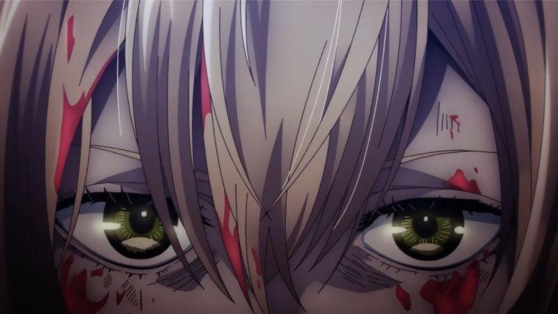 Personagem Yuno do anime ISHURA, A imagem foca em seus olhos e podemos ver que a personagem está coberta de sangue.
