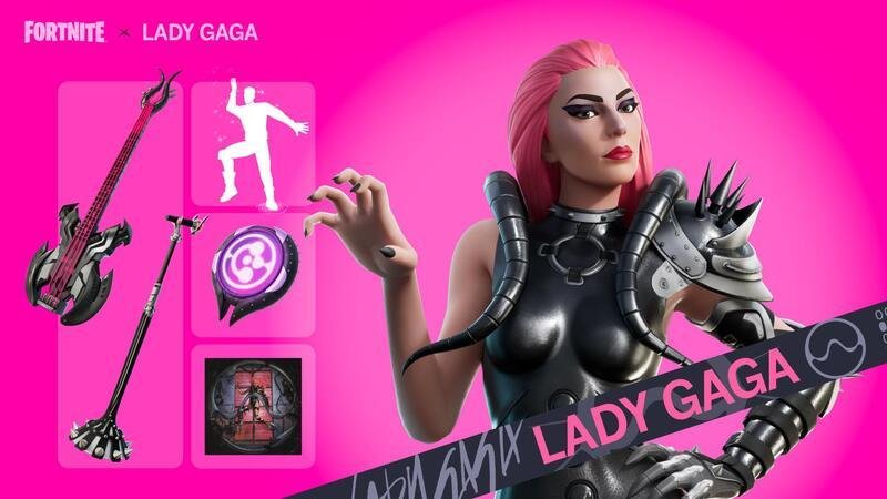 Avatar do Fortnite inspirado em Lady Gaga com acessórios musicais e ícones de dança.