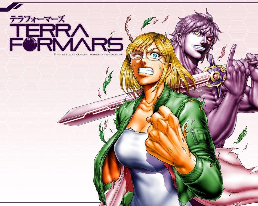 Na imagem podemos ver os personagens Michelle e Joseph do mangá Terra Formars