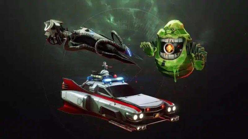 Itens temáticos dos Caça-Fantasmas no Destiny 2: um fantasma verde, um veículo parecido com um carro de polícia, e um Pardal com aparência de criatura marinha.