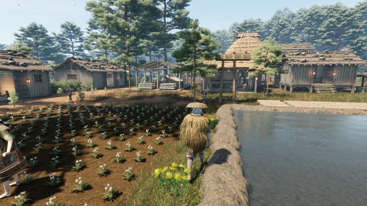 Vilarejo com casas de madeira e campo de flores em um jogo de simulação.