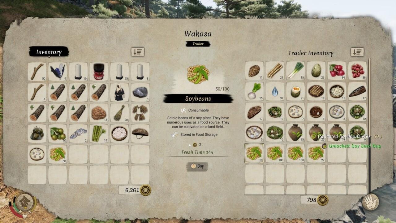 Tela de inventário de um jogo com itens variados e feijões de soja em destaque na seção de negociação.