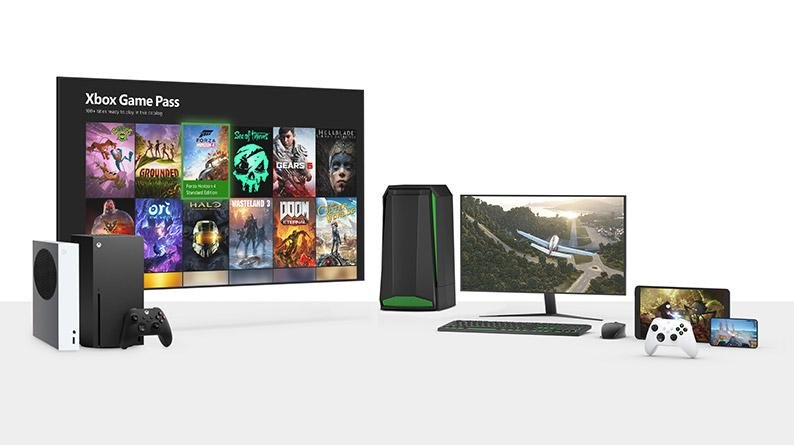 Dispositivos de gaming como um console Xbox, PC gamer, monitor, e tablet mostrando a interface do Xbox Game Pass e jogos variados.