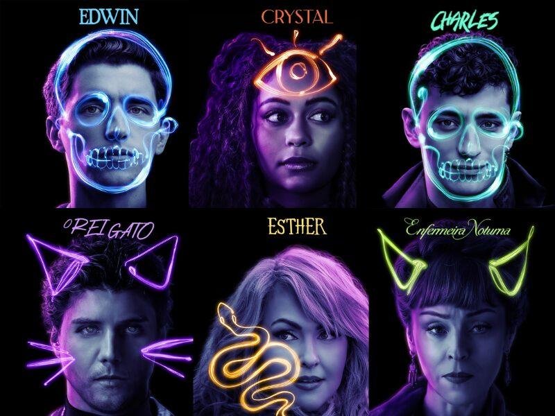 Edwin, Charles, Crystal em cima, Rei Gato, Esther e Enfermeira Noturna em baixo.