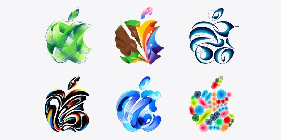 Variedade de logos da Apple em estilos artísticos abstratos e coloridos.