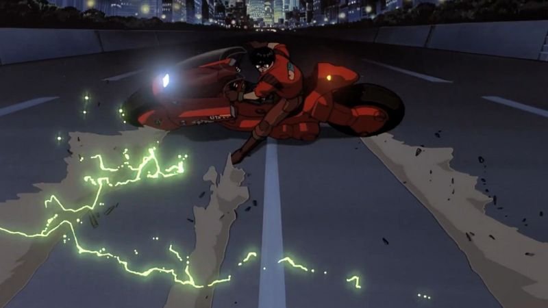 Na imagem podemos ver Kaneda do filme Akira derrapando de moto.