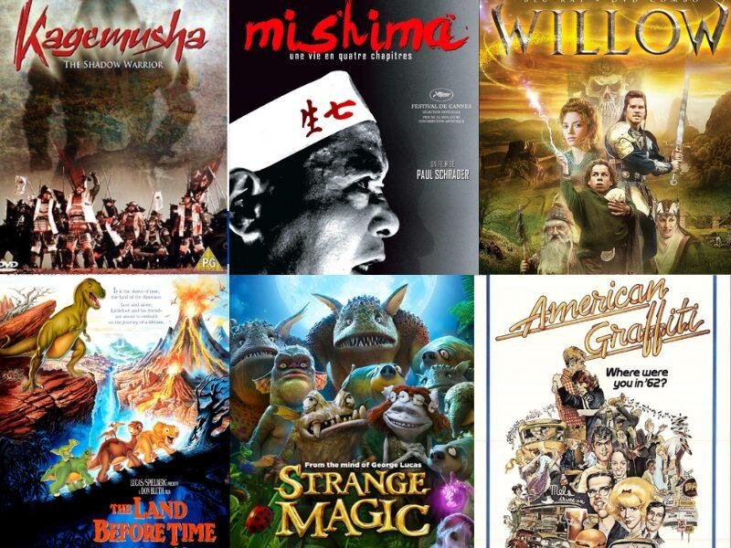 De cima para baixo: Kagemusha, a Sombra do Sumurai, Mishima - A via em 4 tempos, Willow - Na Terra da Magia, Em Busca do Vale Encantado, Magia Estranha e Loucura de Verão.