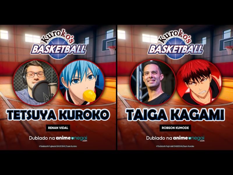 Imagem divulgada pela Anime Onegai para anunciar os dubladores de Kuroko e Kargami