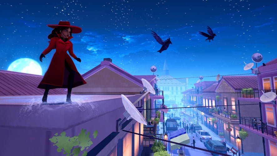 Personagem Carmen Sandiego em um telhado durante ação do novo jogo