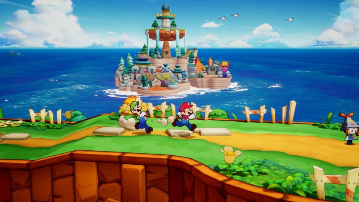 Cena do jogo "Mario & Luigi Brothership" mostrando Mario e Luigi correndo em um cenário de ilha tropical no reino mágico de Concordia