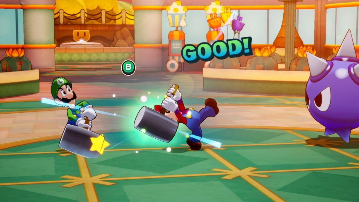 Cena de batalha no jogo "Mario & Luigi Brothership" com Mario e Luigi usando martelos