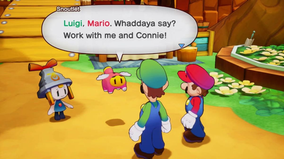 Cena de diálogo no jogo "Mario & Luigi Brothership" entre Mario, Luigi e personagens não jogáveis