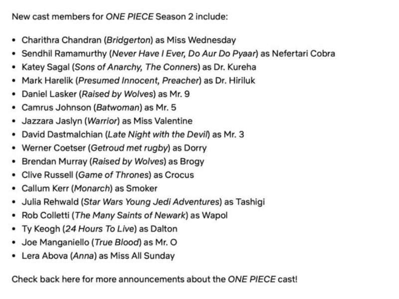 Lista de elenco da 2ª temporada One Piece