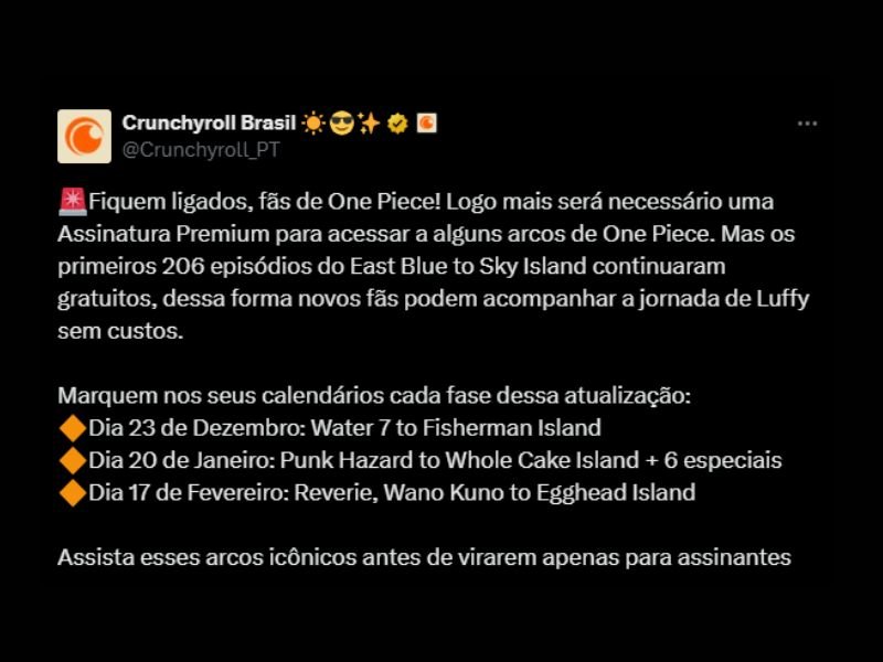 One Piece | Crunchyroll vai exigir assinatura premium para os episódios