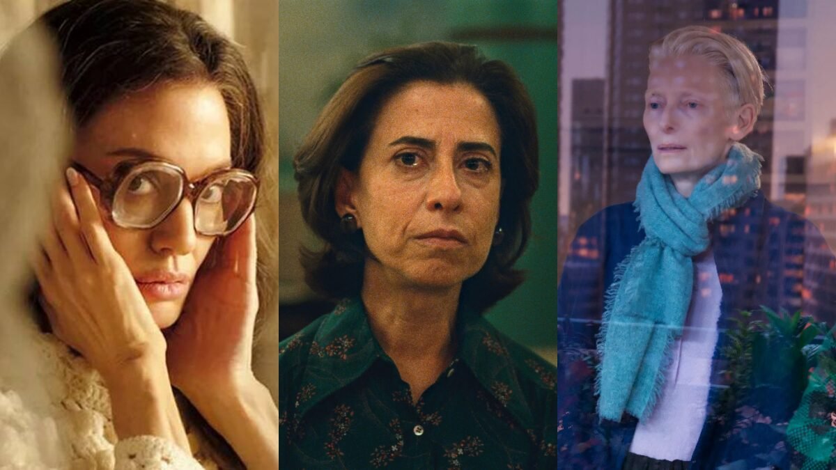 Imagem destaca as três concorrentes no Globo de Ouro: Angelina Jolie no filme Maria, Fernanda Torres em Ainda Estou Aqui e Tilda Swinton em O Quarto Ao Lado