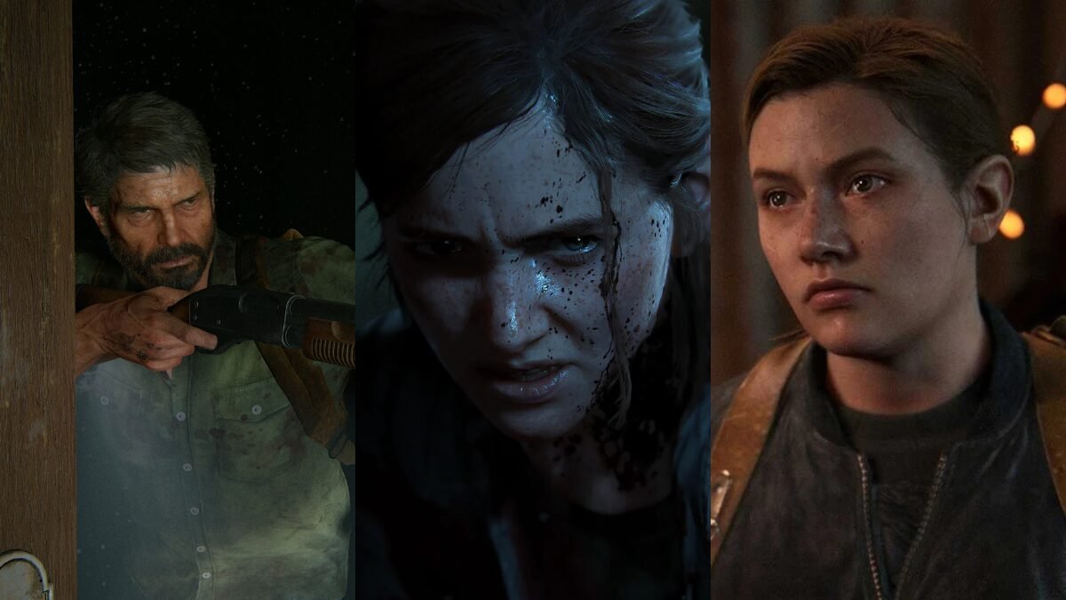 Fotos oficiais de The Last of Us Part II com Joel (esquerda) com uma arma, Ellie (centro) coberta de sangue e Abby (direita) em um diálogo