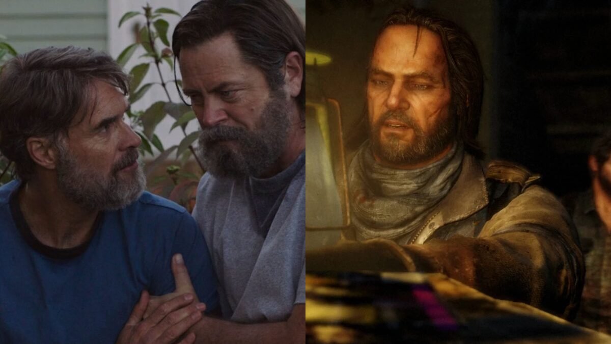Foto da série com Frank de camisa azul e Bill ao seu lado segurando seu braço, em paralelo com imagem de The Last of Us, que mostra apenas Bill