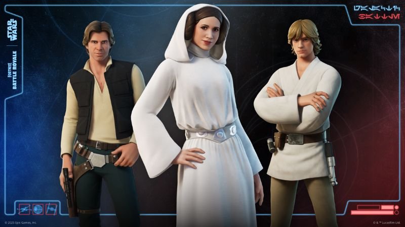 Skins Han Solo, Leia Organa e Luke Skywalker no Star Wars+Fortnite