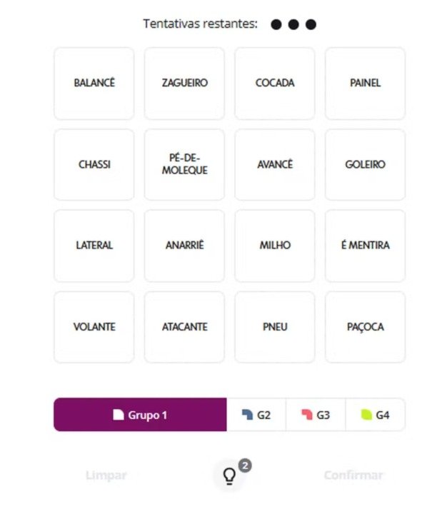 Captura de tela do jogo Combinado com palavras como “volante”, “milho”, “paçoca” e “goleiro”, disponível no g1 jogos